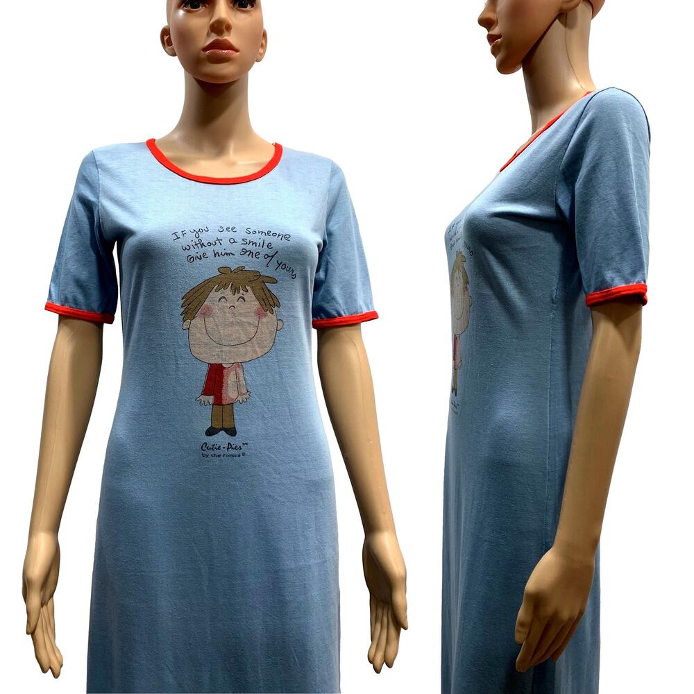 70s Long Blue T Shirt Nightgown Nightie w Cute Cartoon | XS/S - Picture 7 of 11